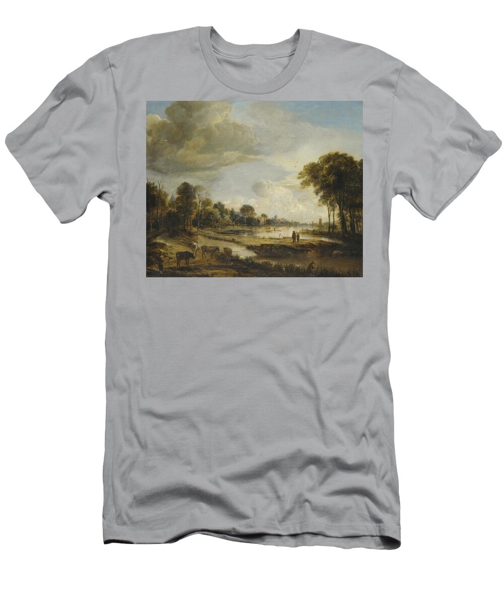 Landscape T-Shirt featuring the painting A River Landscape with Figures and Cattle by Gianfranco Weiss