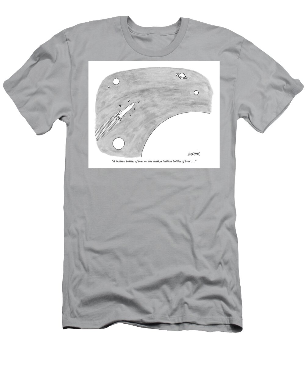Outerspace T-Shirt featuring the drawing A Rocket Shoots Through Space With Music Notes by Jack Ziegler