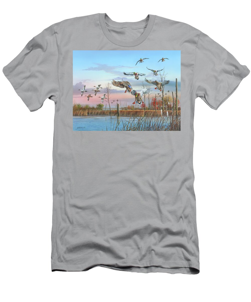 Mallards T-Shirt featuring the painting A Safe Return by Mike Brown