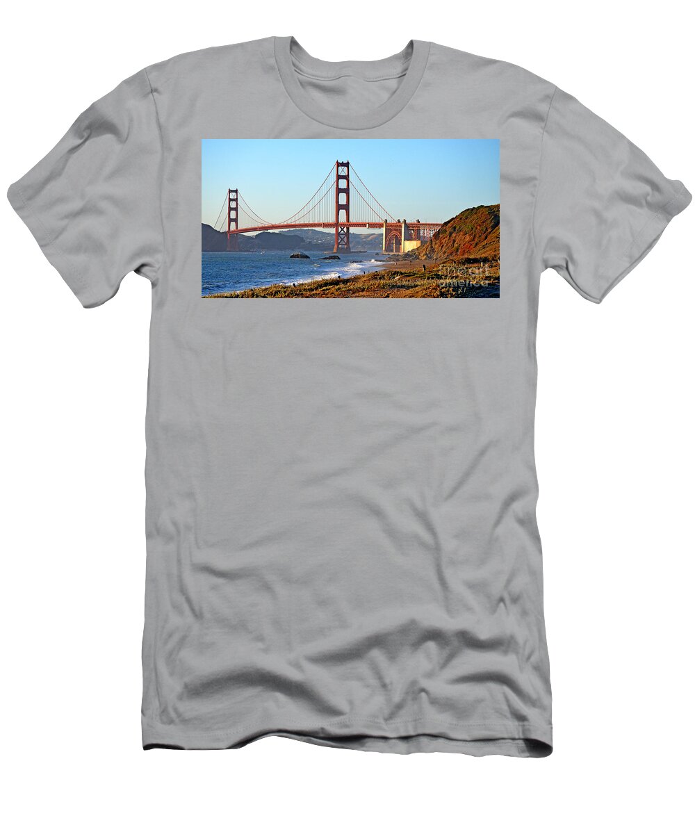 Golden Gate Bridge T-Shirt featuring the photograph A View of the Golden Gate Bridge from Baker's Beach by Jim Fitzpatrick