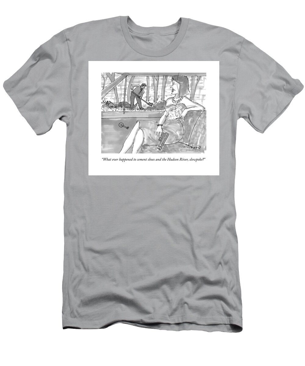 Burying Bodies T-Shirt featuring the drawing A Woman With A Gun Waits In The Car As A Man by Michael Crawford