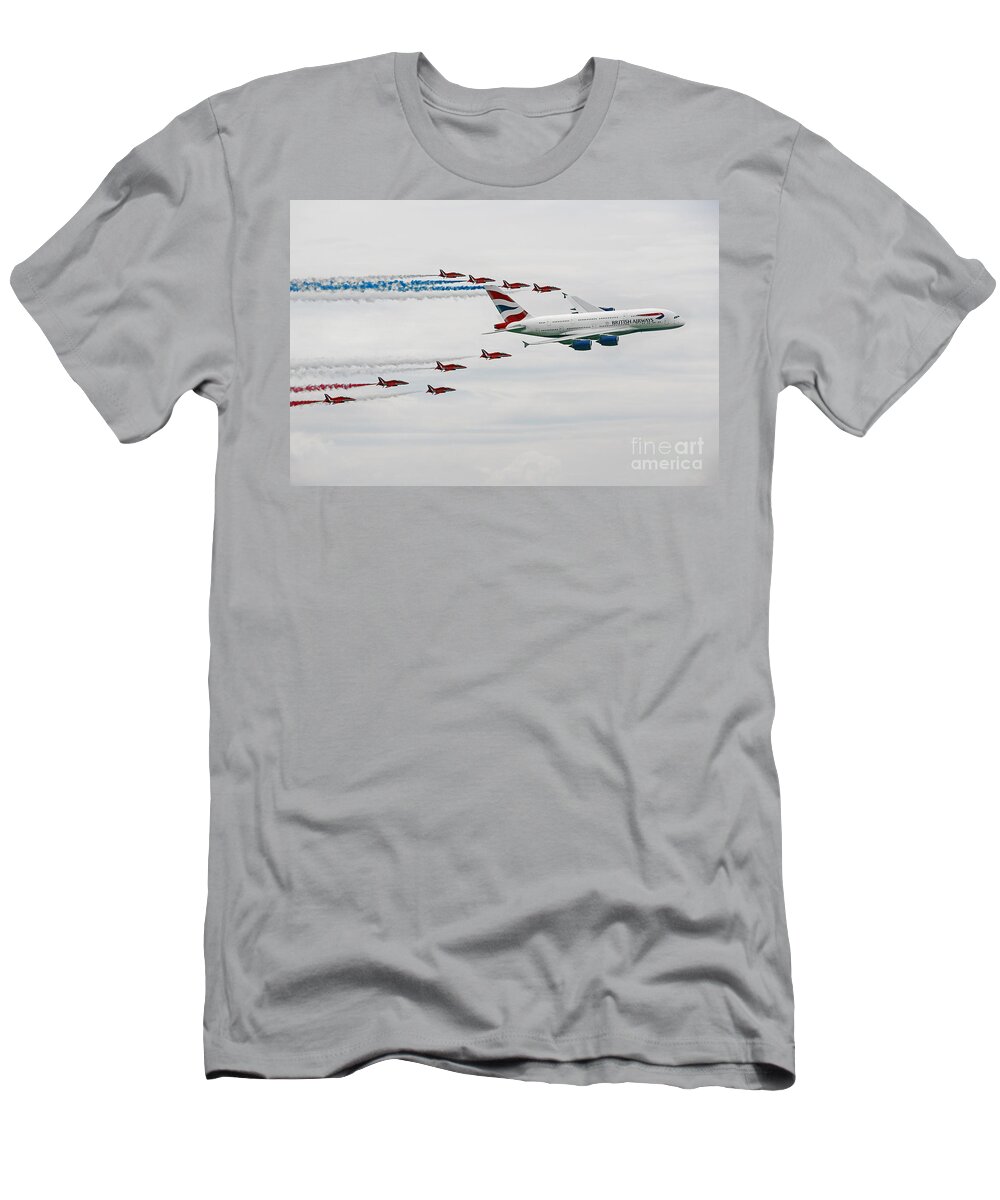 The Red Arrows T-Shirt featuring the digital art A380 and Red Arrows by Airpower Art