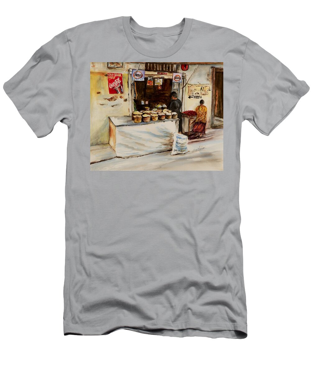 Duka African Store T-Shirt featuring the painting African Corner Store by Sher Nasser Artist