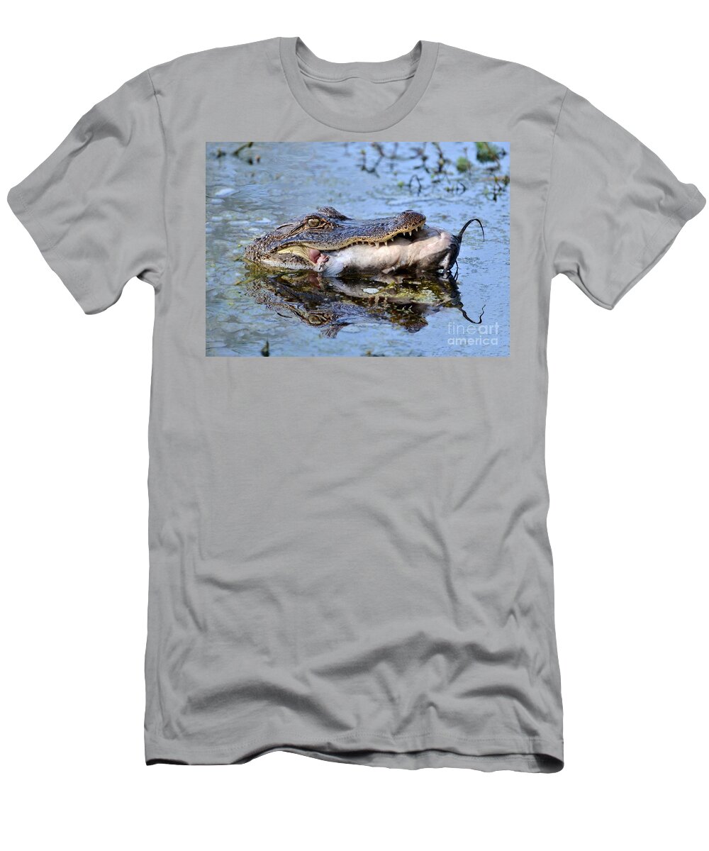 Alligator T-Shirt featuring the photograph Alligator Catches Catfish by Kathy Baccari