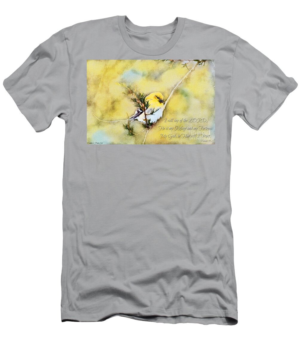 Branch T-Shirt featuring the photograph American Goldfinch on a Cedar twig with Digital Paint and Verse by Debbie Portwood