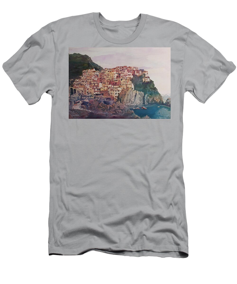 Riomaggiore T-Shirt featuring the painting An Italian Jewel by Jenny Armitage