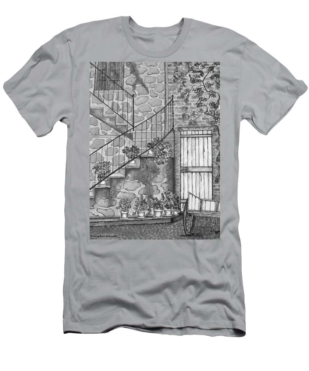 Print T-Shirt featuring the drawing Ancient Grey Stone Residence Black and White by Ashley Goforth