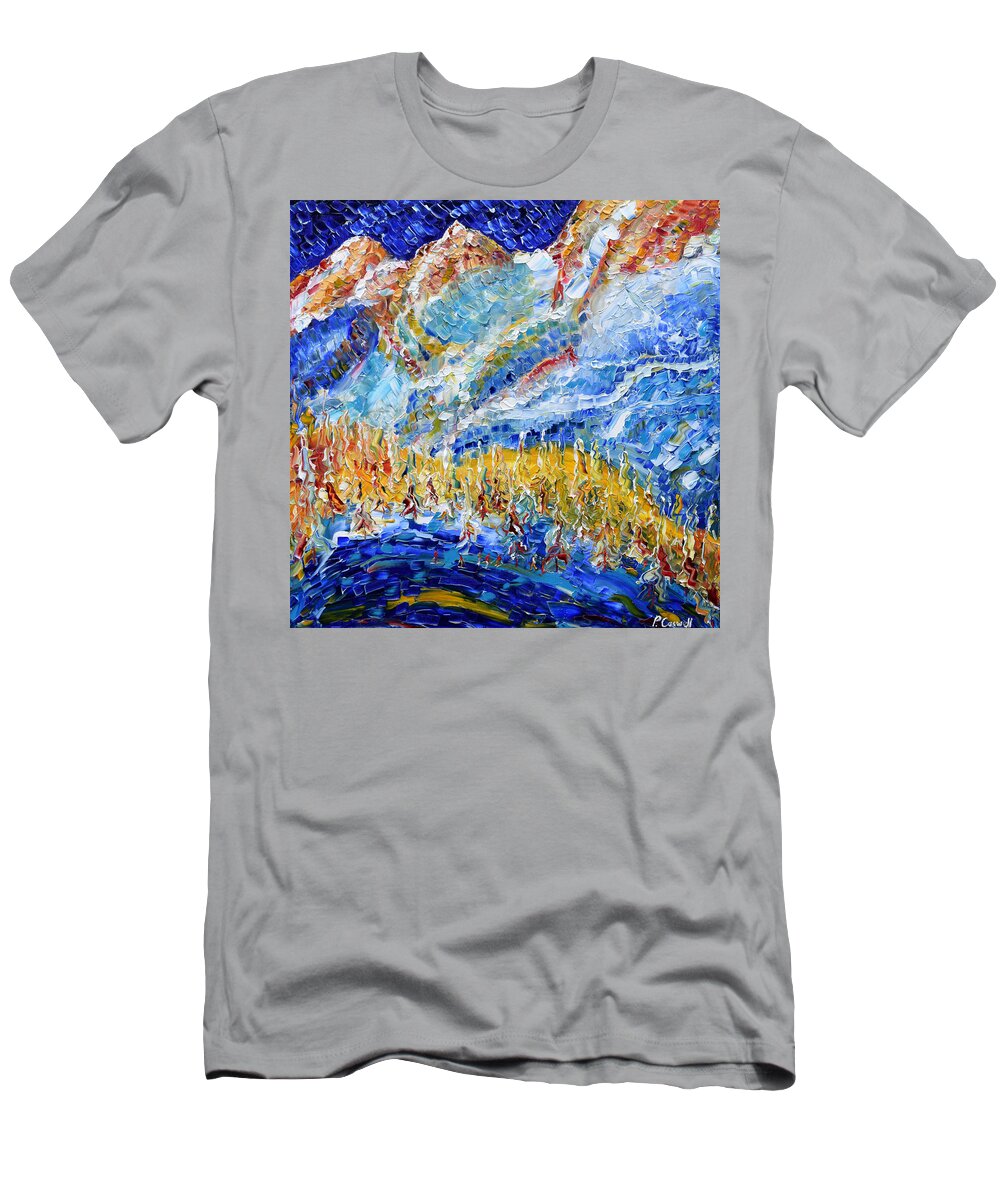 Argentiere T-Shirt featuring the painting Argentiere Near Chamonix Ski Scene by Pete Caswell