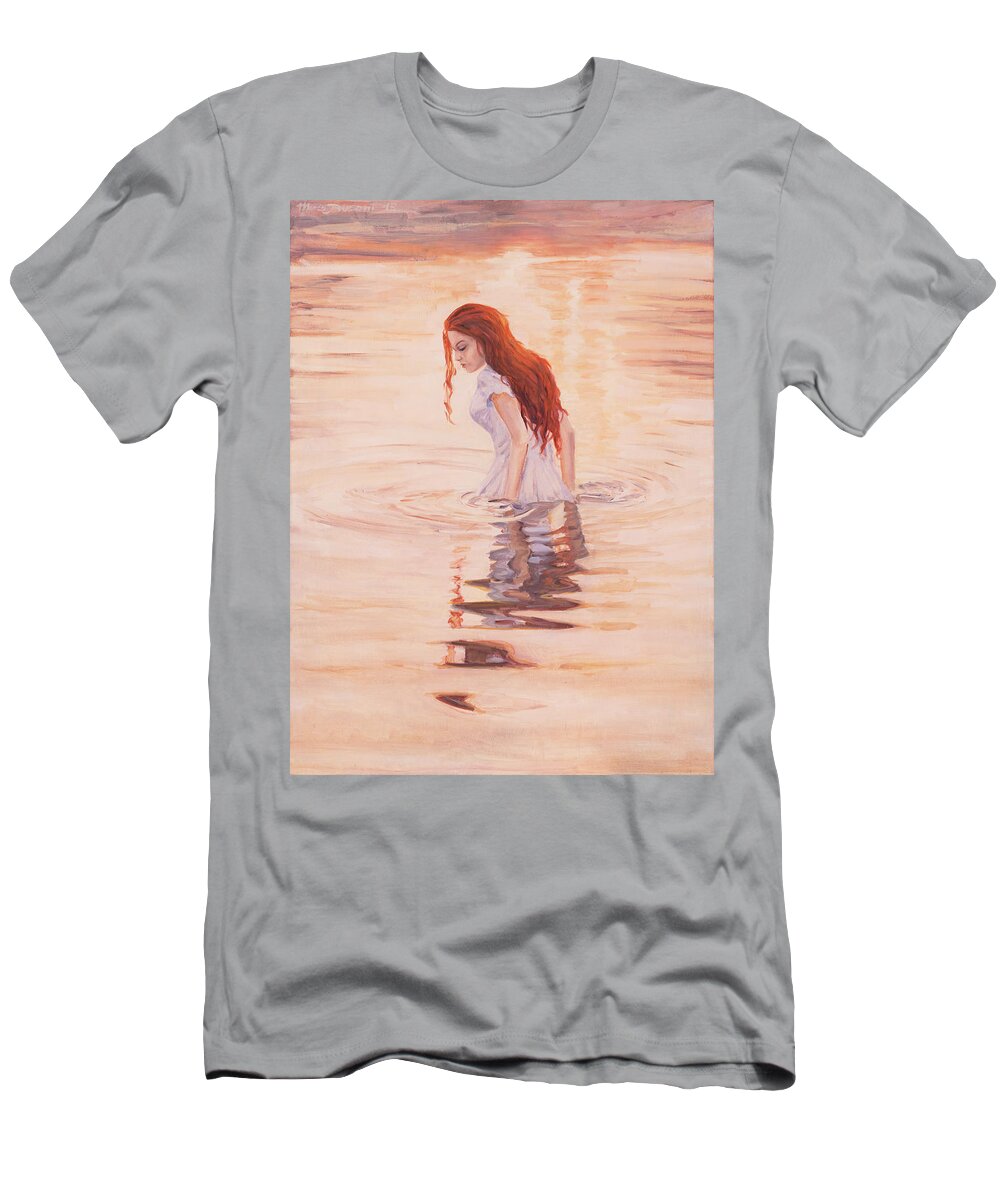 Water Girl Sunrise Bath New Day Reflection Red Hair T-Shirt featuring the painting Aurora by Marco Busoni