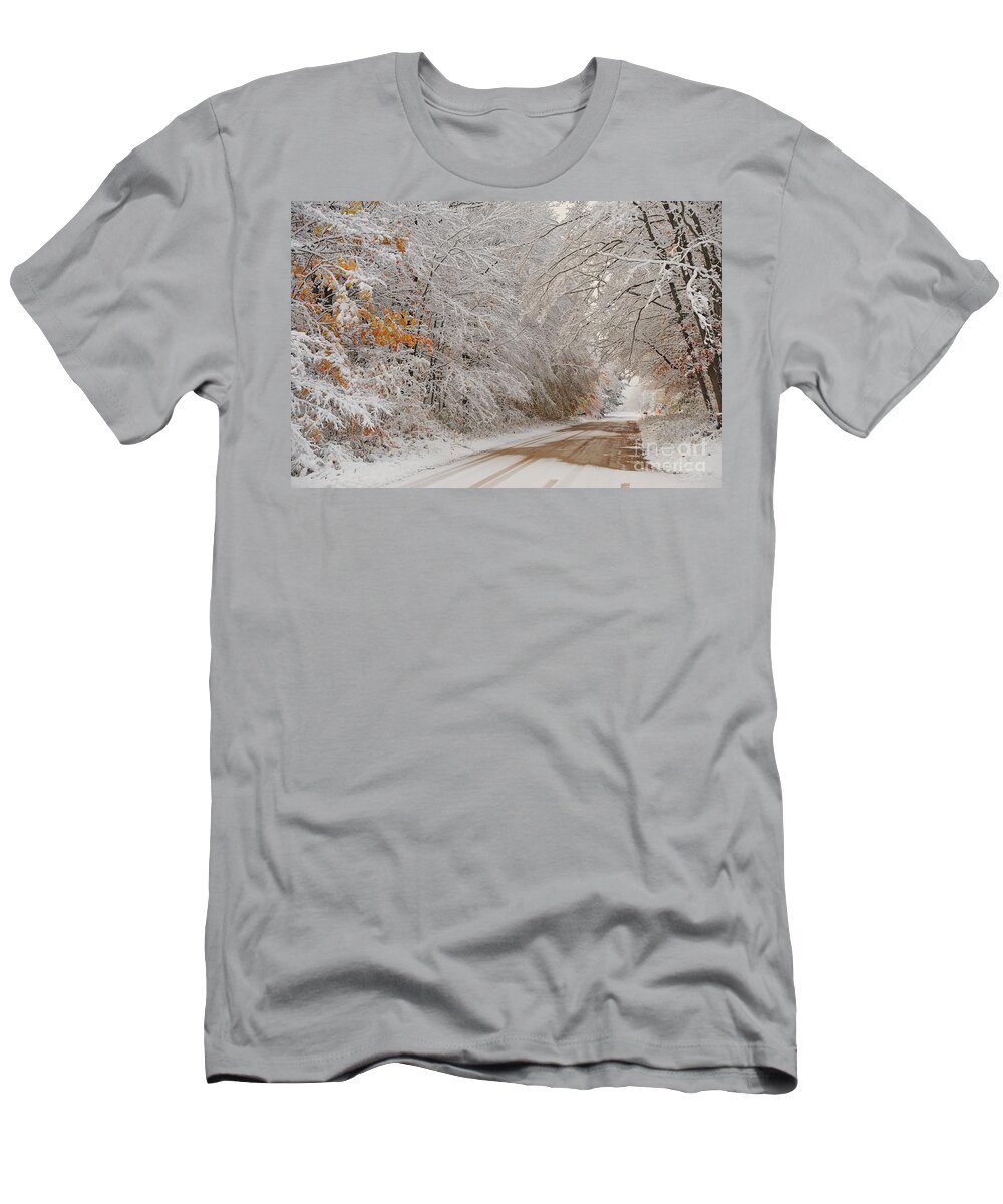 Snow T-Shirt featuring the photograph Autumn Snowfall by Terri Gostola
