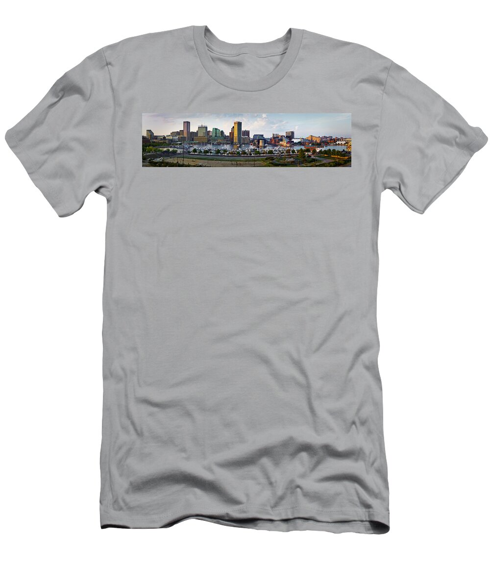 Baltimore Skyline T-Shirt featuring the photograph Baltimore Harbor Skyline Panorama by Susan Candelario