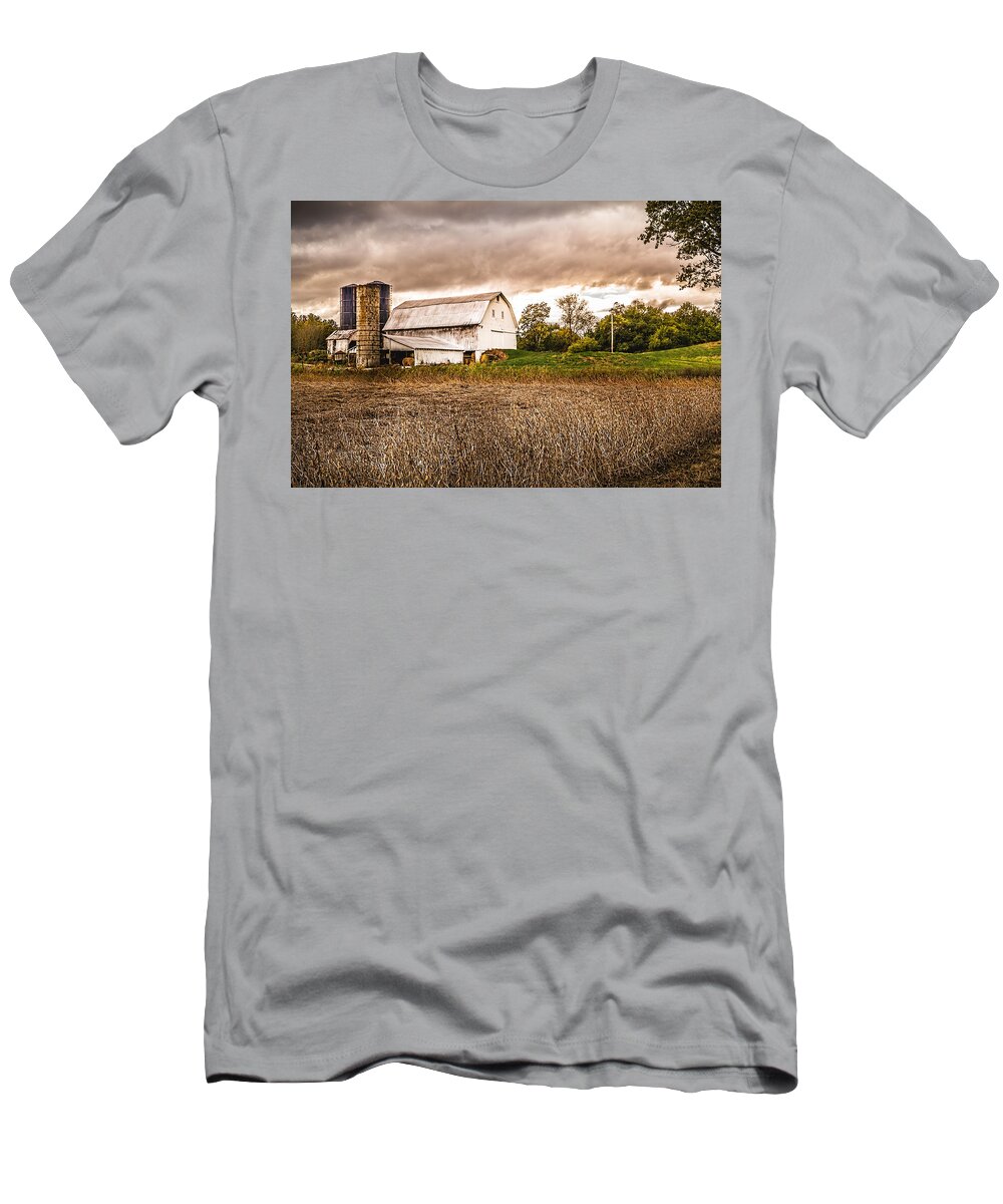 Barn T-Shirt featuring the photograph Barn Silos Storm Clouds by Ron Pate
