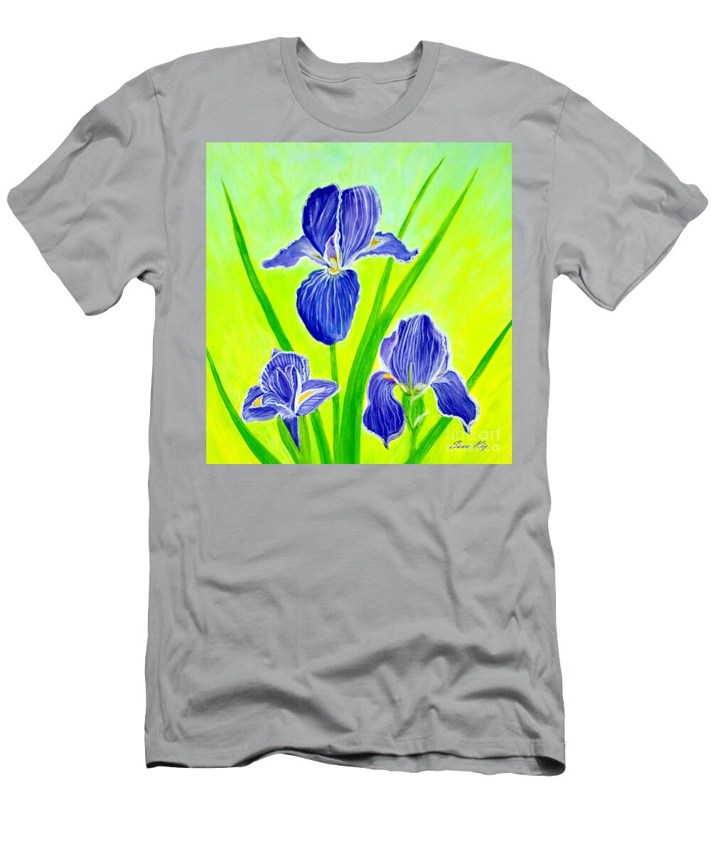 Iris Flowers T-Shirt featuring the painting Beautiful Iris Flowers Card by Oksana Semenchenko