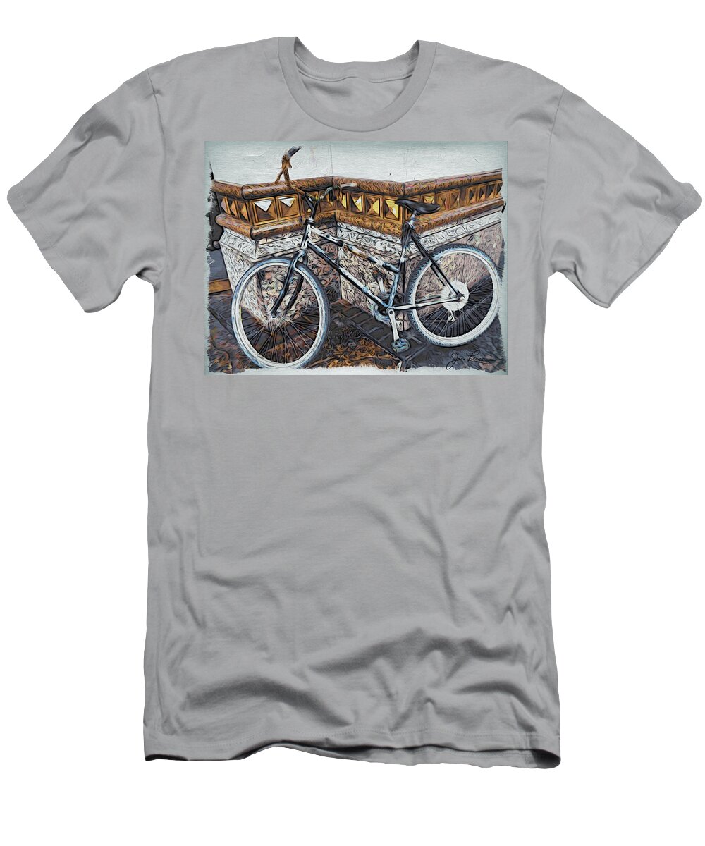 Reno T-Shirt featuring the painting Bicycle leaning on wall by Joan Reese