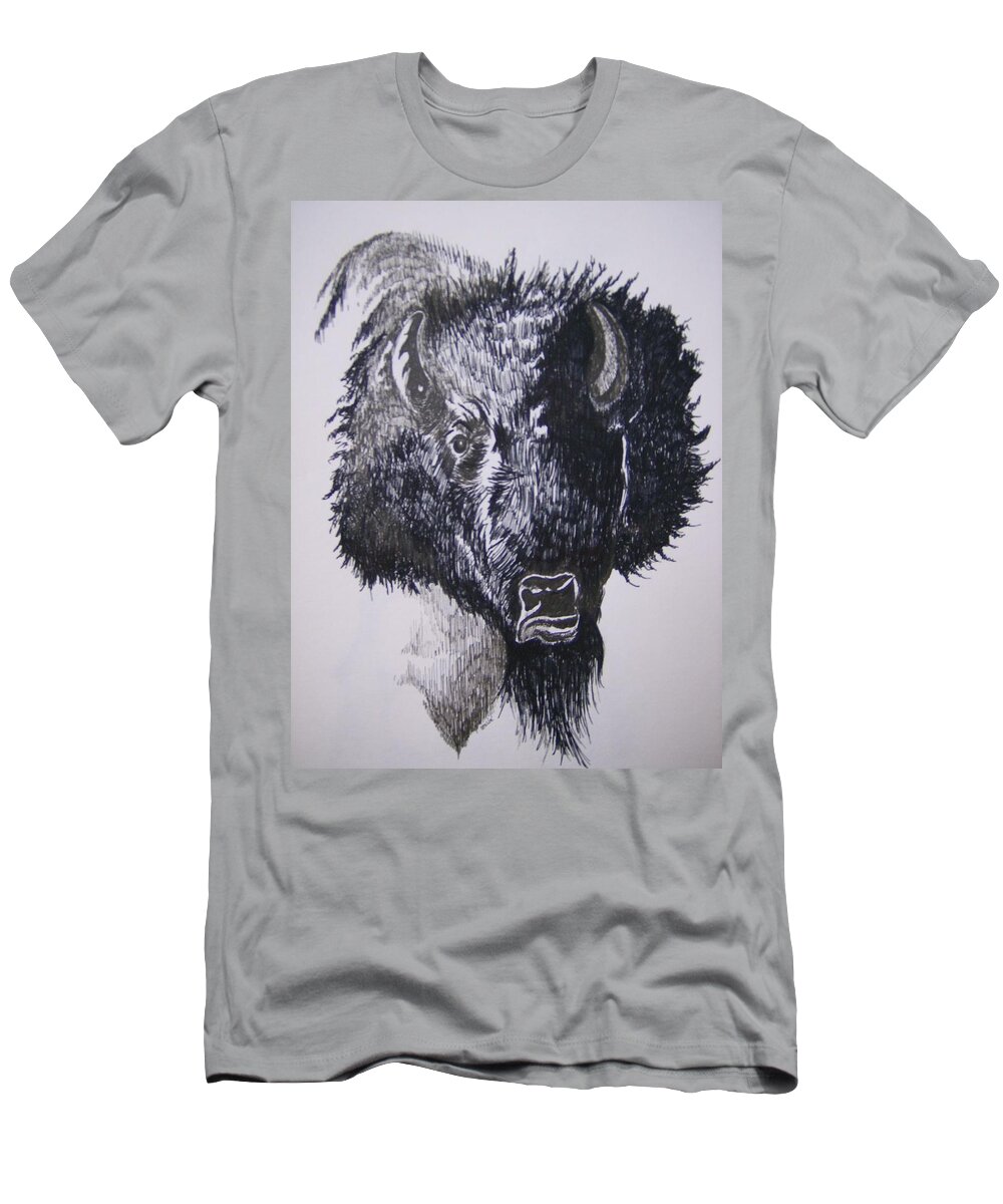 Buffalo T-Shirt featuring the drawing Big Bad Buffalo by Leslie Manley