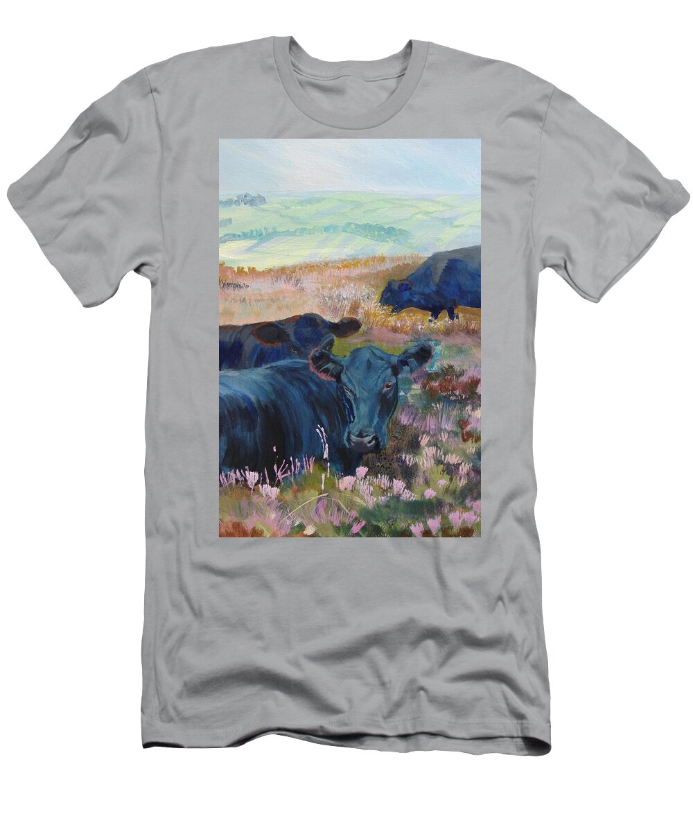 Cow T-Shirt featuring the painting Black Cows on Dartmoor by Mike Jory