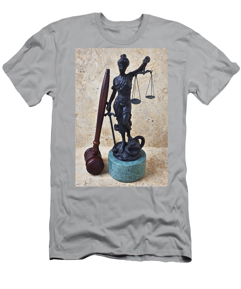 Blind Justice Statue T-Shirt featuring the photograph Blind justice statue with gavel by Garry Gay