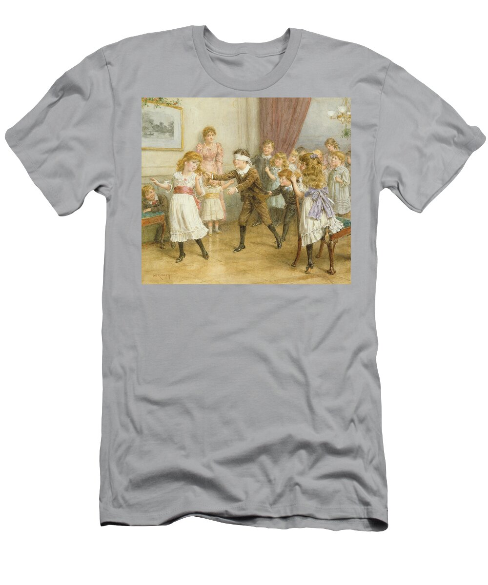 19th; 20th; Edwardian; Children; Playing; Game; Party; Governess; Nanny; Male; Female; Young Boy; Young Girl; Catching; Chasing; Pulling Hair; Excited; Fun; Blindfold; Blindfolded T-Shirt featuring the painting Blind Mans Buff by George Kilburne