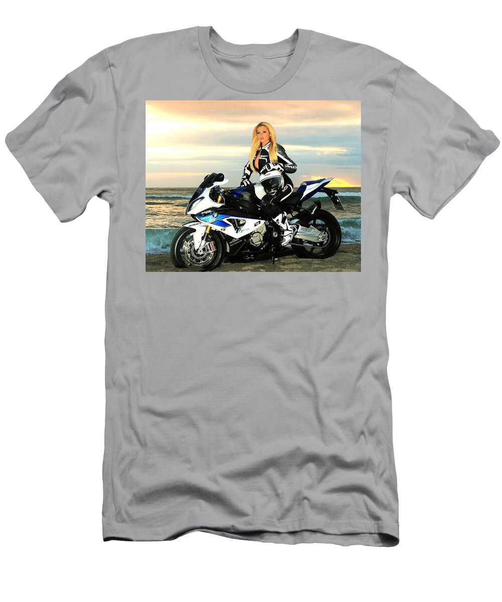 Motorcycle T-Shirt featuring the photograph Blonde on the beach by Lawrence Christopher