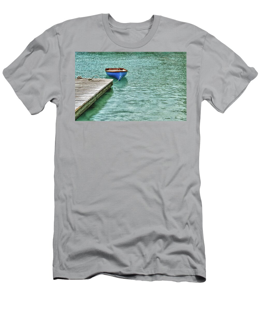 Blue T-Shirt featuring the digital art Blue Boat Off Dock by Michael Thomas