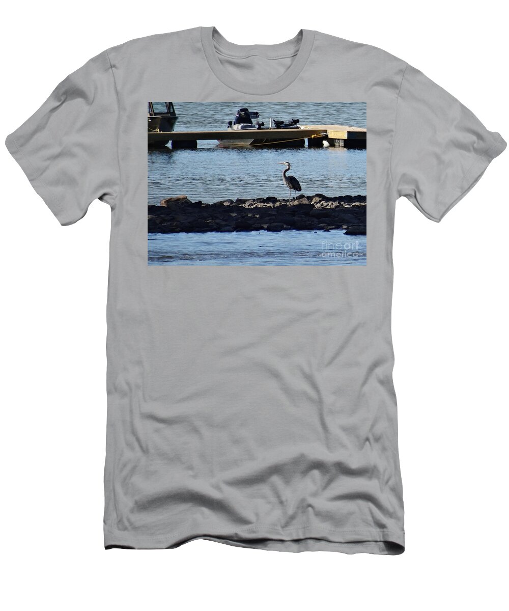 Birds T-Shirt featuring the photograph Blue Heron by the dock by Christopher Plummer