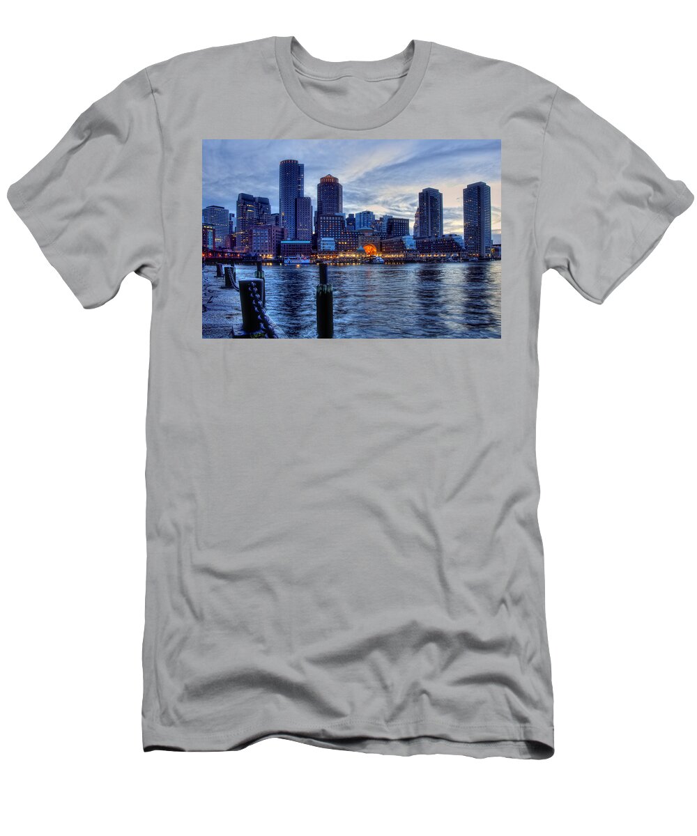 Boston T-Shirt featuring the photograph Blue Hour on Boston Harbor by Joann Vitali