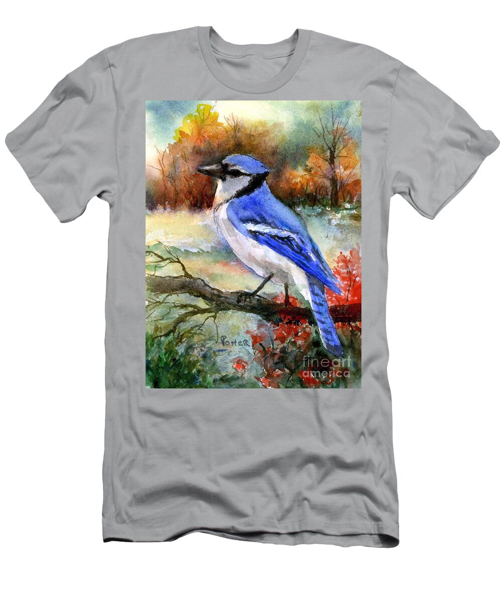 Bird T-Shirt featuring the painting Blue Jay in Autumn by Virginia Potter