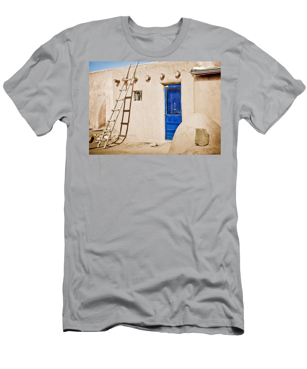 New Mexico T-Shirt featuring the photograph Blue Pueblo Door and Ladder by Marilyn Hunt