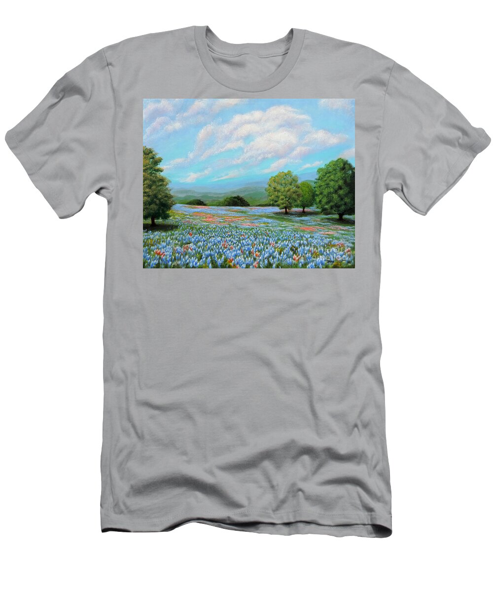 Bluebonnet Fields In Texas T-Shirt featuring the painting Bluebonnet Fields in Texas by Jimmie Bartlett