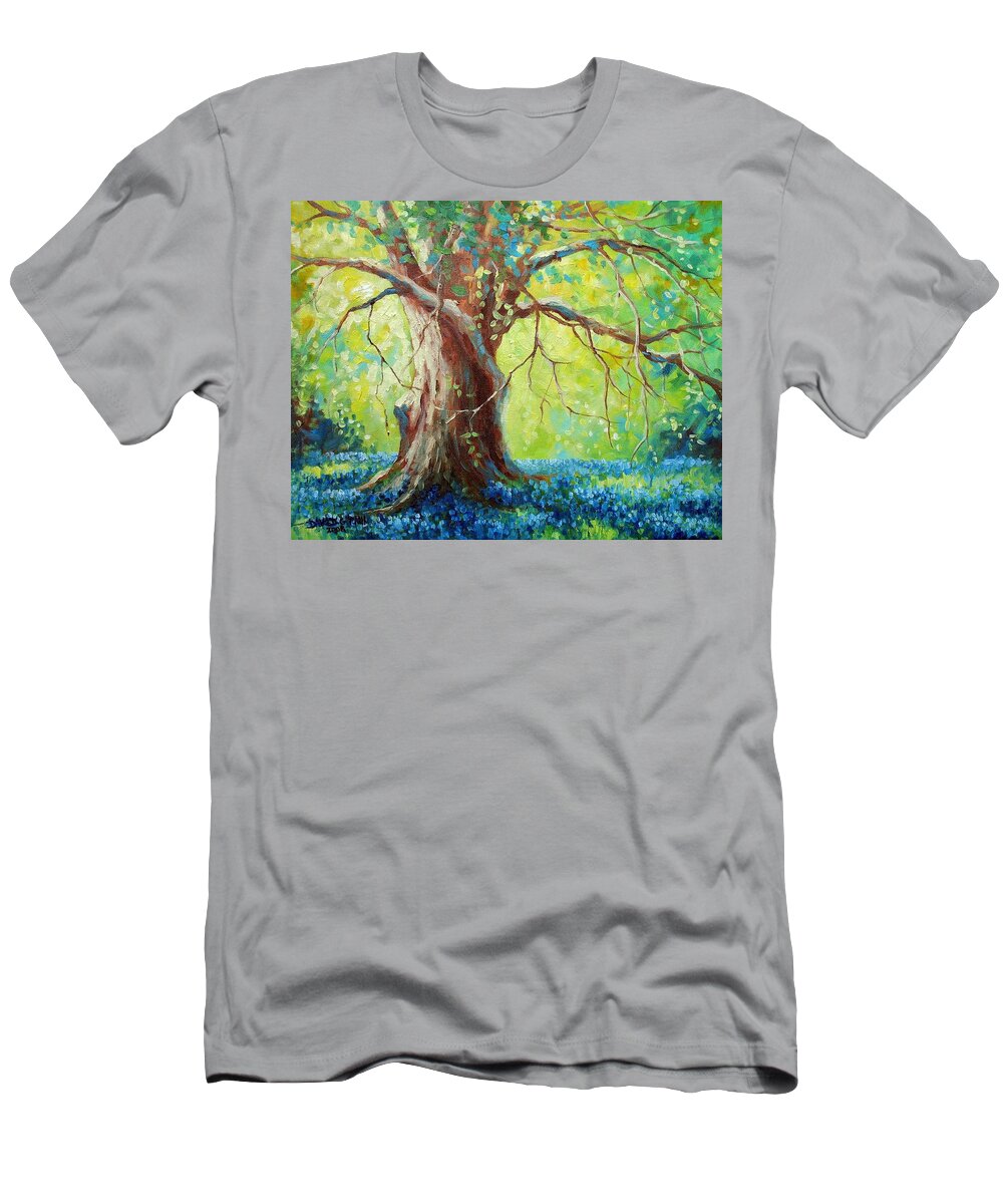 Bluebonnets T-Shirt featuring the painting Bluebonnets Under The Oak by David G Paul