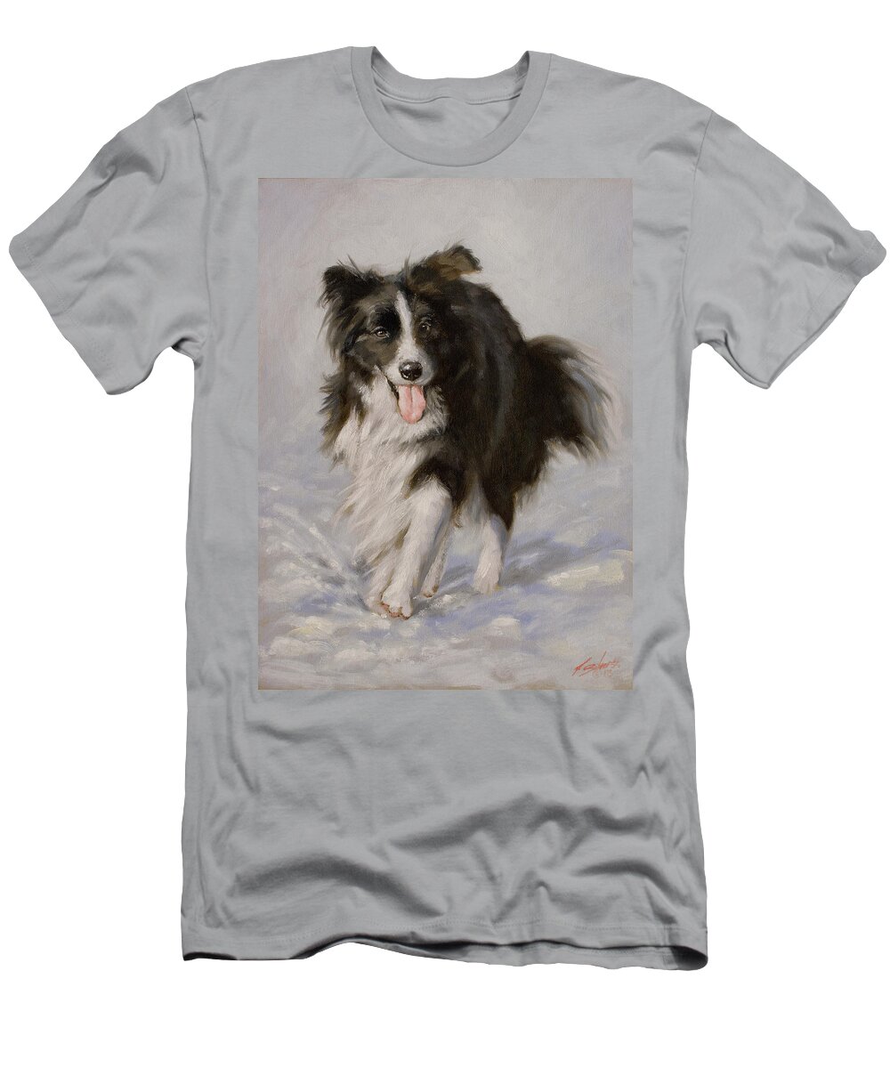 Border Collie T-Shirt featuring the painting Border Collie portrait I by John Silver