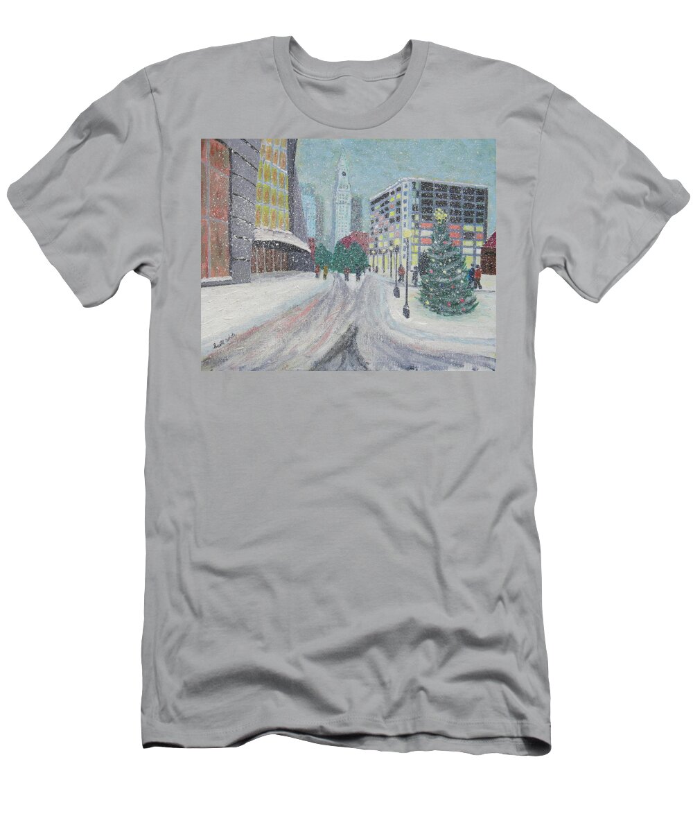 City Boston Snow Chirstmas T-Shirt featuring the painting Boston First Snow by Scott W White