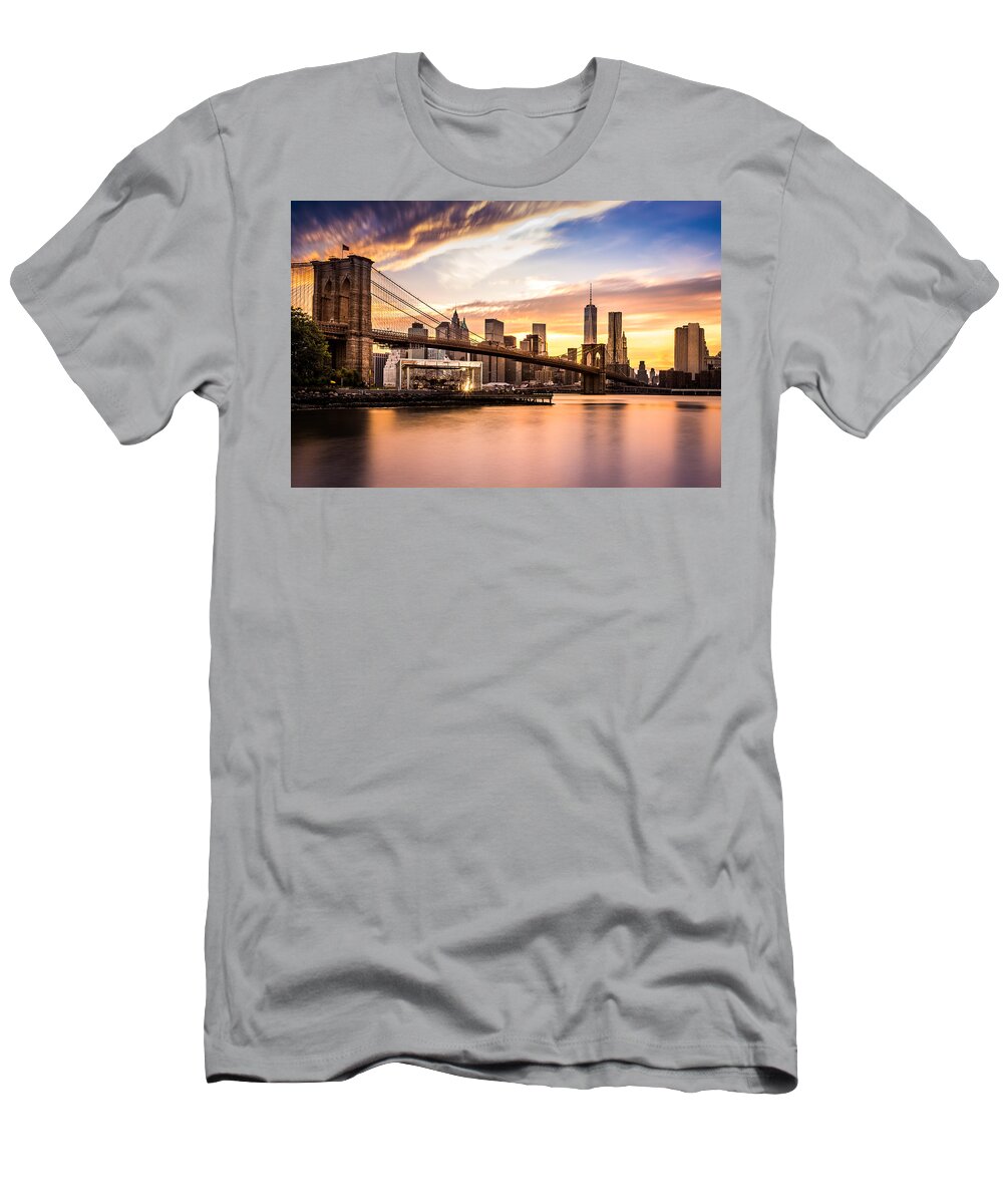 America T-Shirt featuring the photograph Brooklyn Bridge at sunset by Mihai Andritoiu