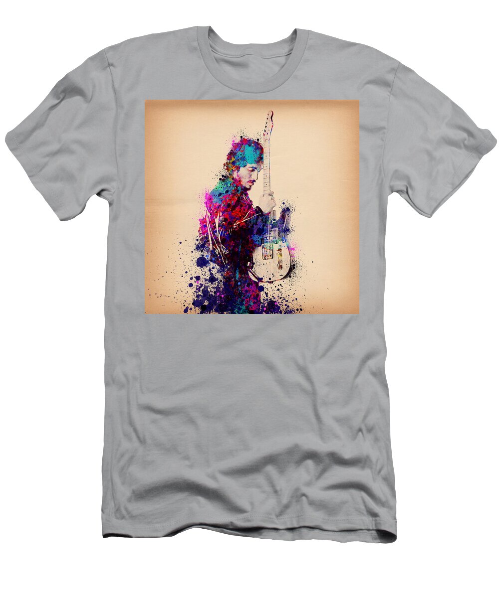 Music T-Shirt featuring the painting Bruce Springsteen Splats And Guitar by Bekim M