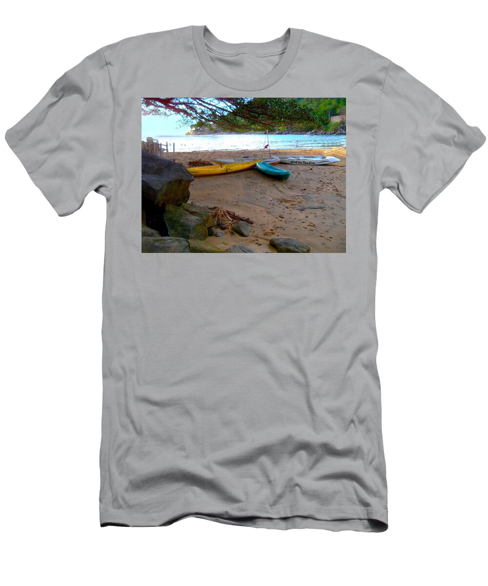 Canoes And Fishing T-Shirt featuring the digital art Footprints And Canoes At Sunset by Pamela Smale Williams