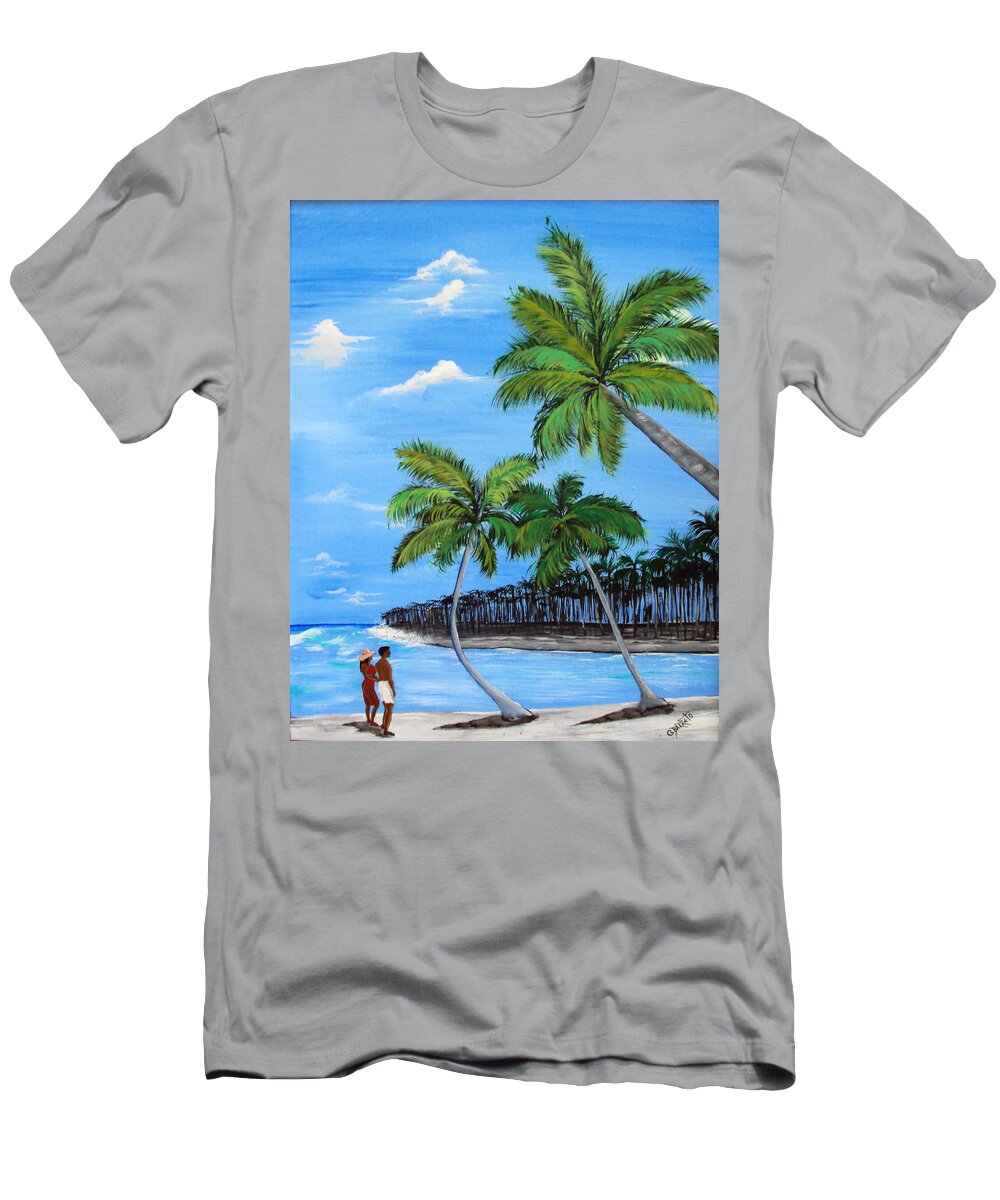 Couple On Beach T-Shirt featuring the painting Capture a Moment by Gloria E Barreto-Rodriguez