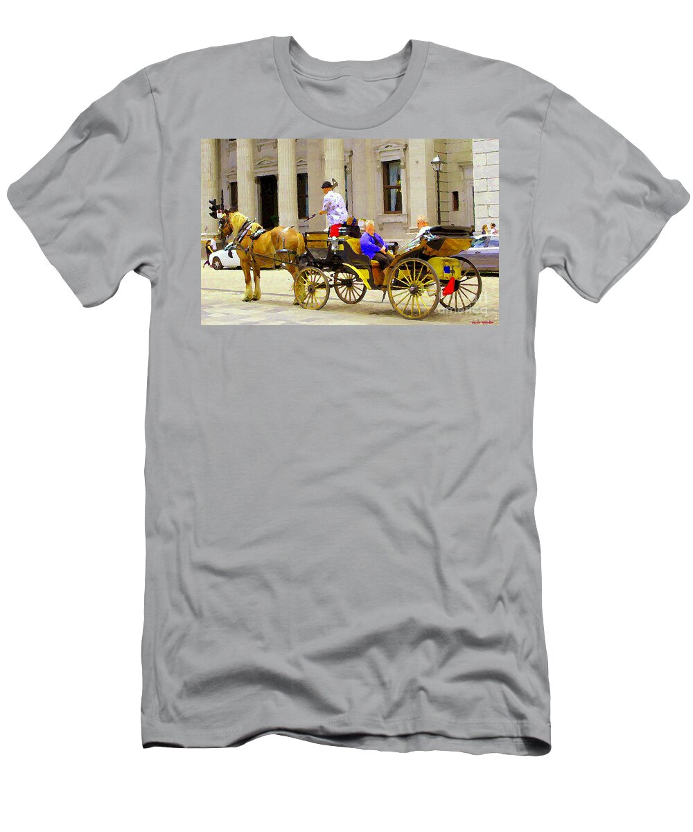 Montreal T-Shirt featuring the painting Carriage Ride On Cobblestones Rue Notre Dame Tan Horse Golden Caleche Old Port Quebec Scene Cspandau by Carole Spandau