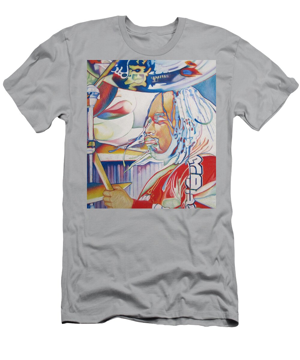 Carter Beauford T-Shirt featuring the drawing Carter Beauford Colorful Full Band Series by Joshua Morton