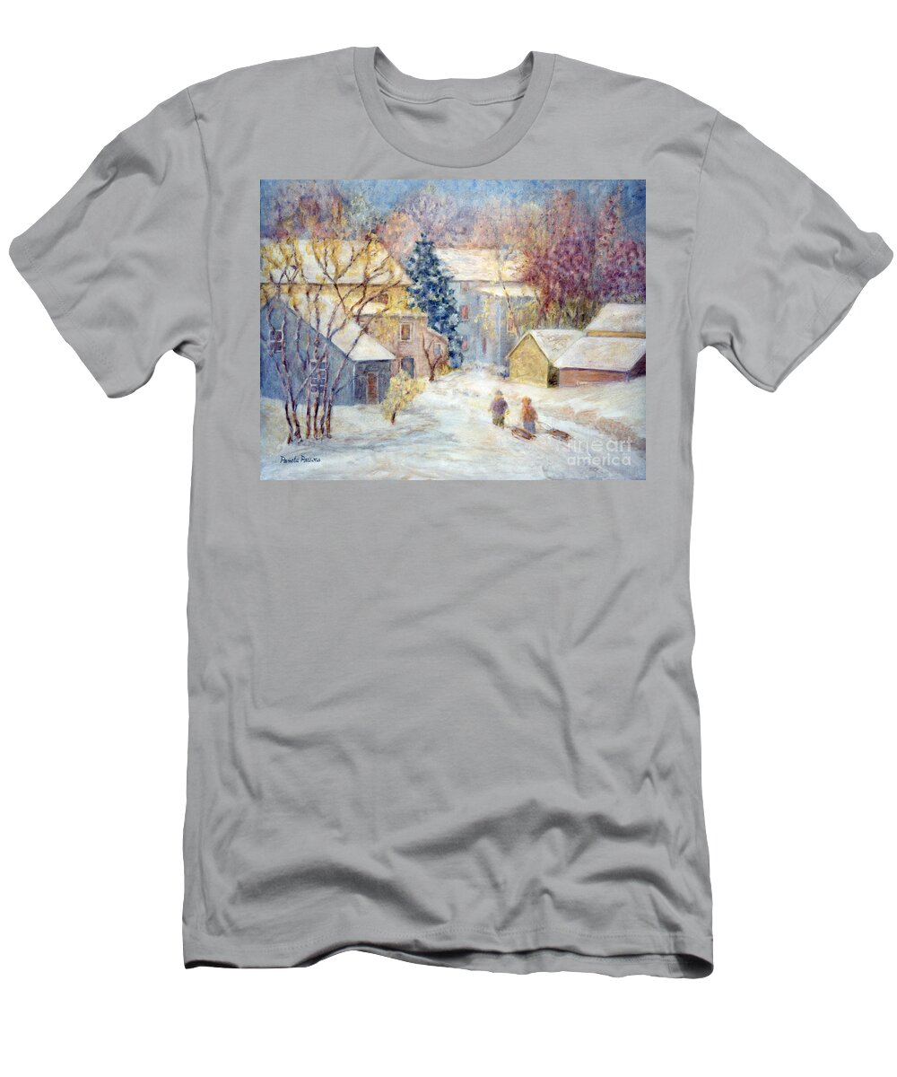 Christmas T-Shirt featuring the painting Carversville Snow by Pamela Parsons