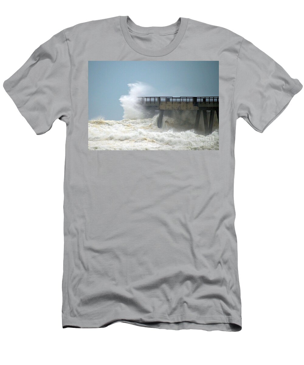 Emerald Coast T-Shirt featuring the photograph 0828 CAT 1 Hurricane Isaac Crashes into Navarre Beach Pier by Jeff at JSJ Photography