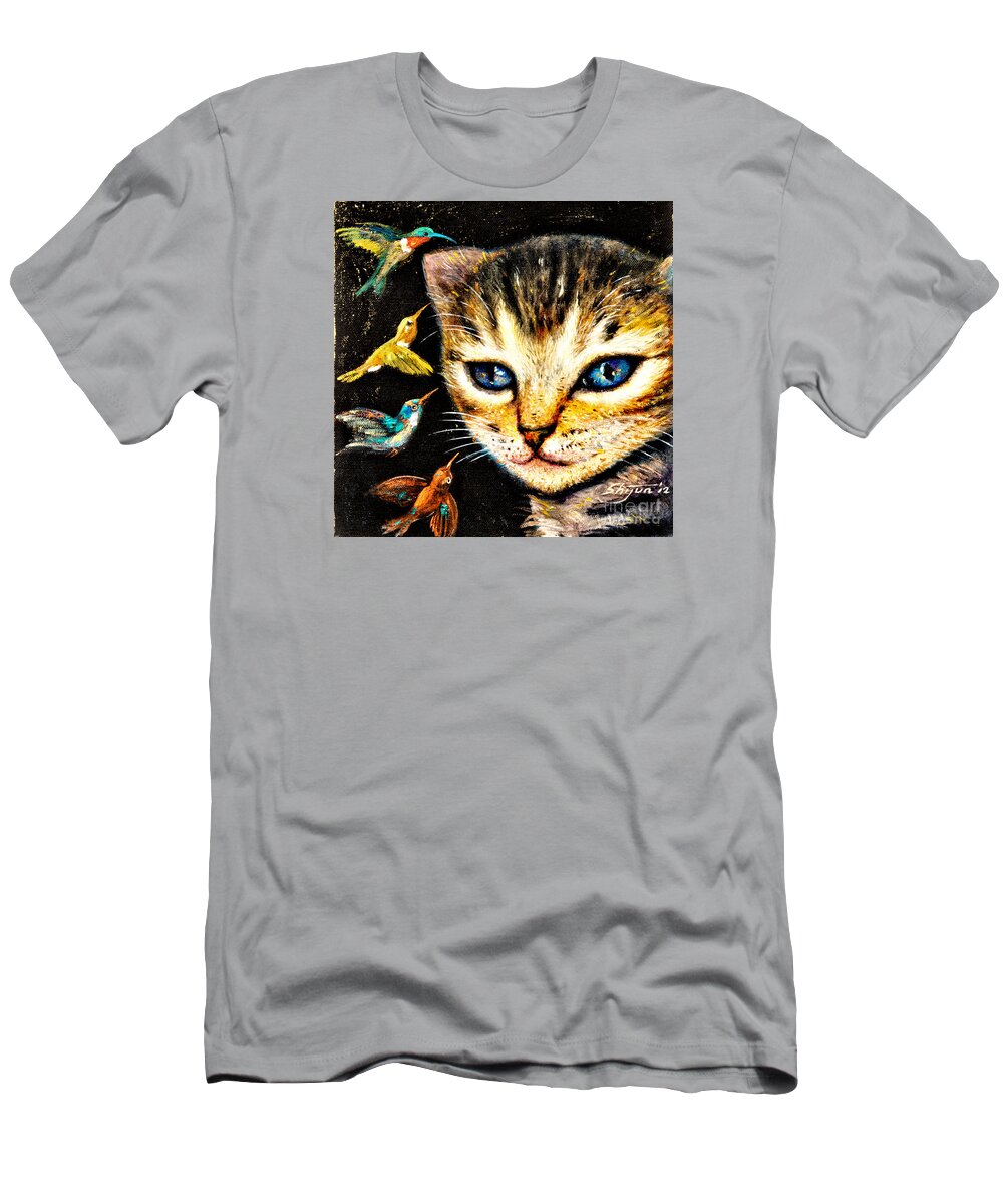 Cat T-Shirt featuring the painting Cat with Hummingbirds by Shijun Munns
