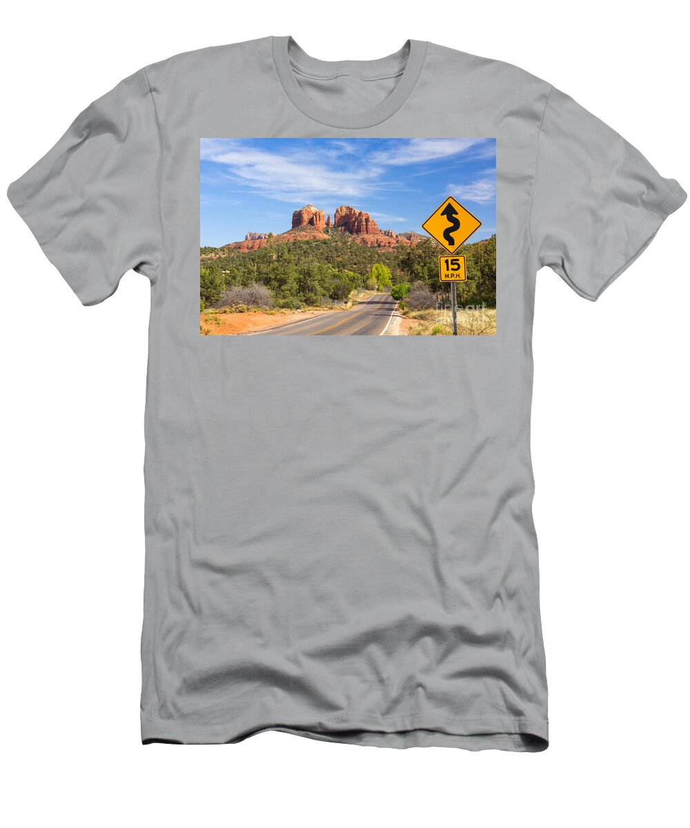Red Rock T-Shirt featuring the photograph Cathedral Rock and road in Sedona by Ken Brown