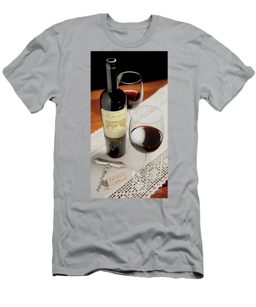 Dom Perignon On Silver Oak T-Shirt featuring the mixed media Caymus on Linen Painting by Jon Neidert
