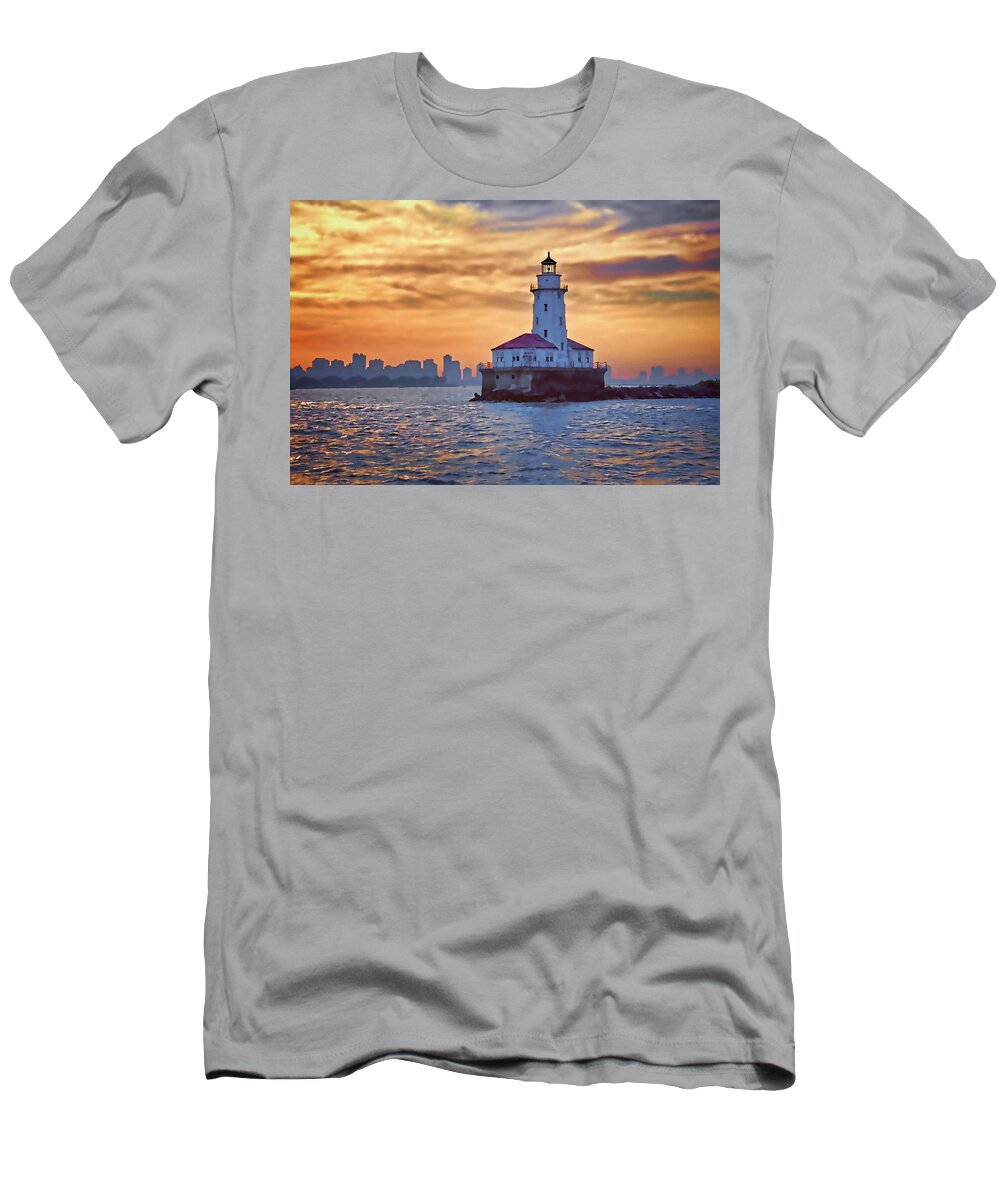 Chicago T-Shirt featuring the digital art Chicago Lighthouse Impression by John Hansen
