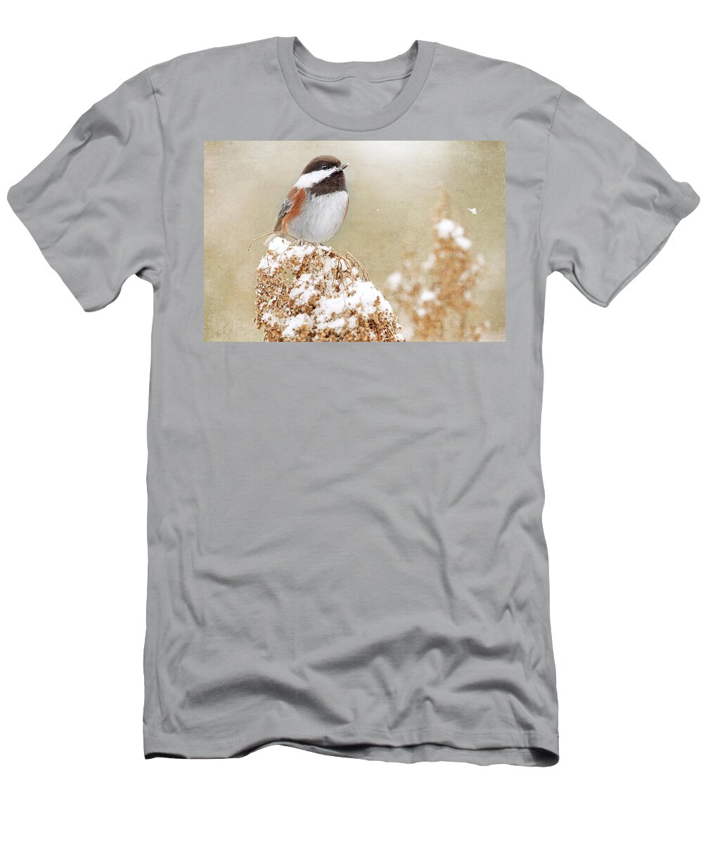 Chickadee T-Shirt featuring the photograph Chickadee and Falling Snow by Peggy Collins