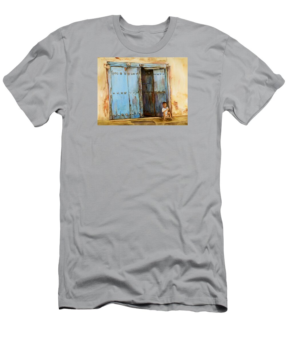Doorway T-Shirt featuring the painting Child sitting in old Zanzibar doorway by Sher Nasser
