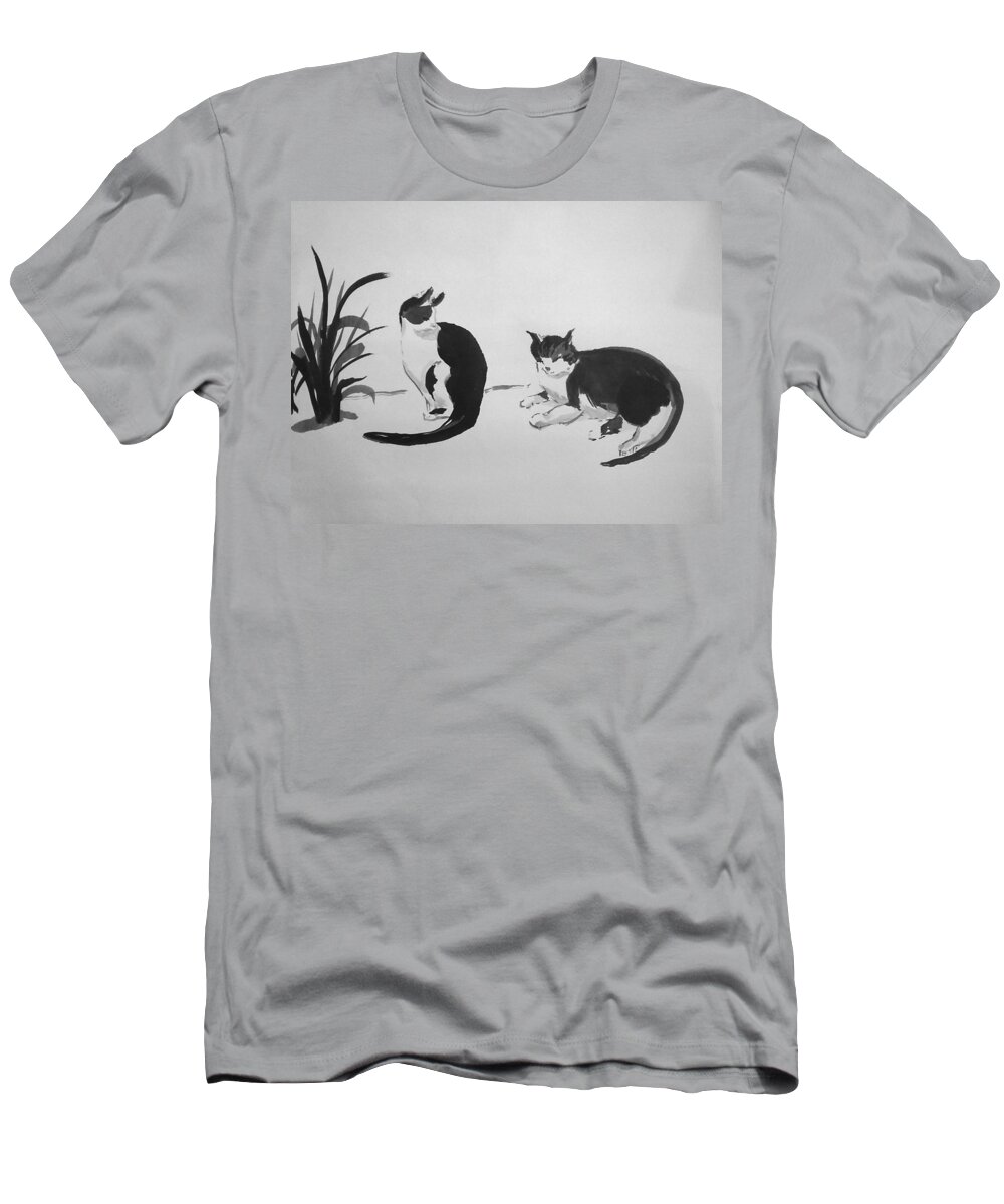 Chinese Ink Painting T-Shirt featuring the painting Chinese painting cats by Asha Sudhaker Shenoy