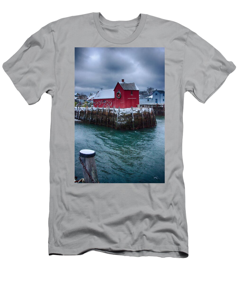 Rockport Harbor T-Shirt featuring the photograph Christmas in Rockport Massachusetts by Jeff Folger
