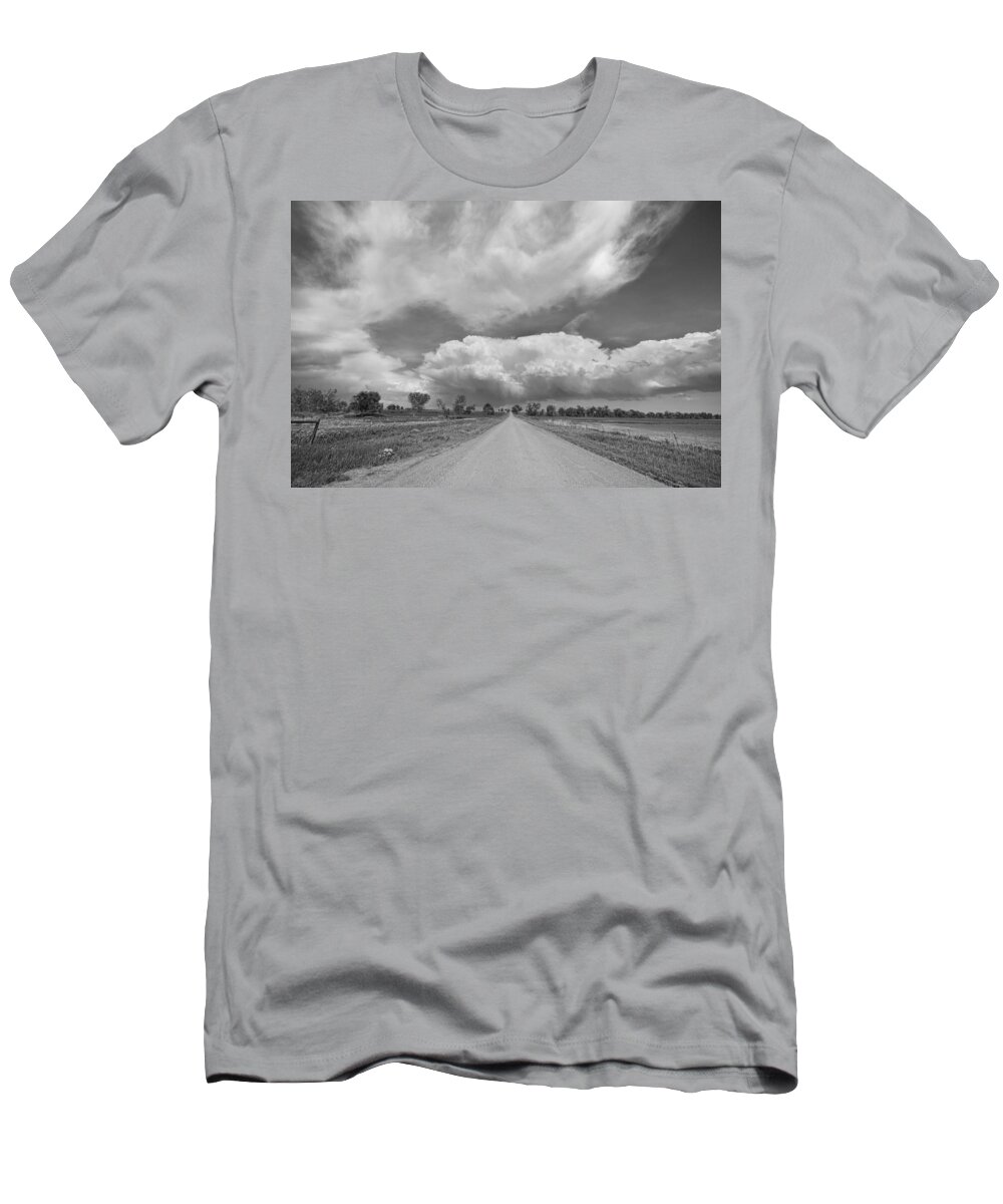 Road T-Shirt featuring the photograph Colorado Country Road Stormin Skies BW by James BO Insogna