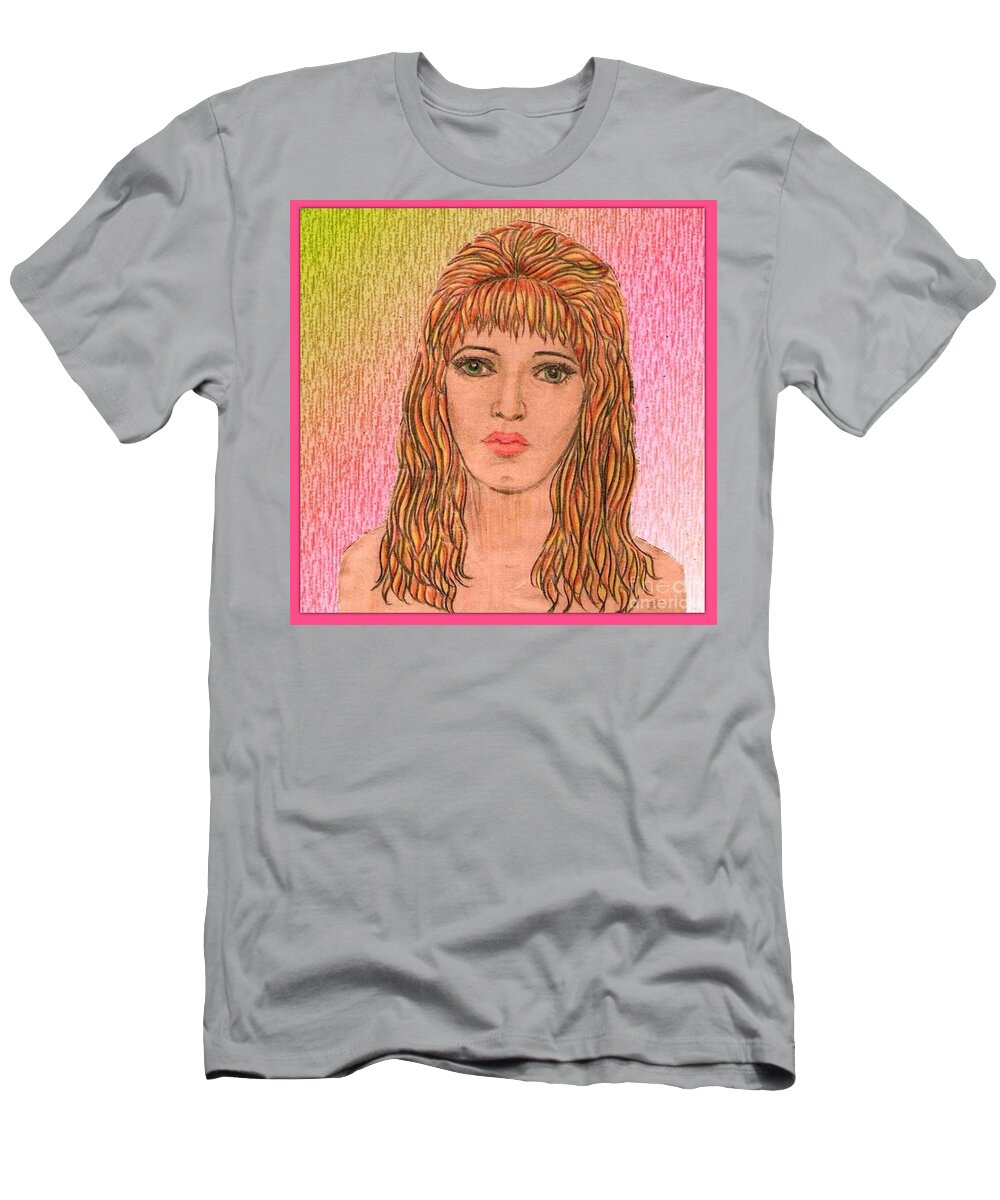 Self Portrait T-Shirt featuring the drawing Coloured Pencil Self Portrait by Joan-Violet Stretch